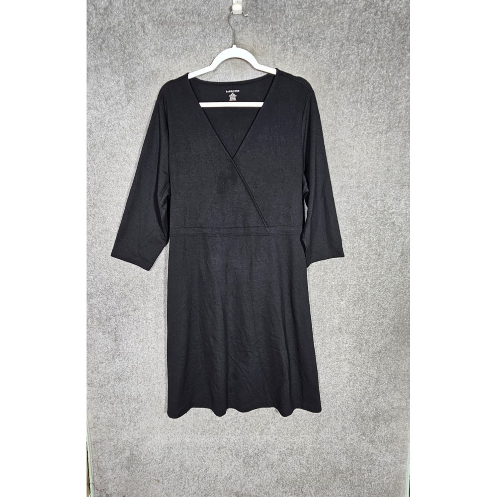 Lands End Midi Dress Womens Size 1X Black Stretch 3/4 Sleeve V-Neck‎ Tie in Back